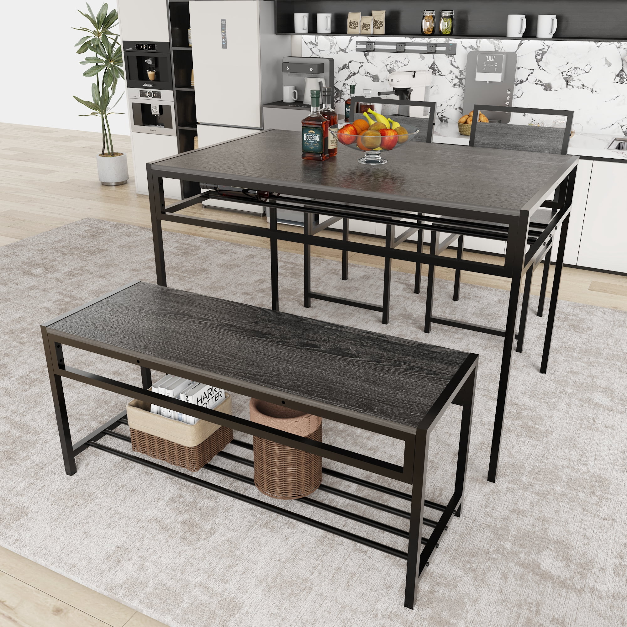 HOQBN 5 Piece Industrial Dining Table Set with 2 Dining Chairs & 1 Storage Bench,Wood Grain Rectangular Kitchen Table with Built-in Wine Rack, Metal Frame Space Saving Dinner Furniture