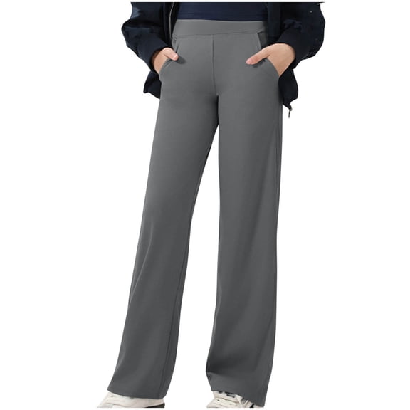 Girls Yoga Pants with Pockets Straight Leg Stretchy High Waisted Solid Color Workout Gym Dance Sweatpants (14-15 Years, Gray #A)