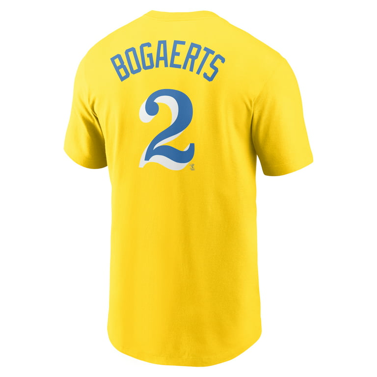 Men's Nike Xander Bogaerts Gold/Light Blue Boston Red Sox City Connect Name  & Number T-Shirt 