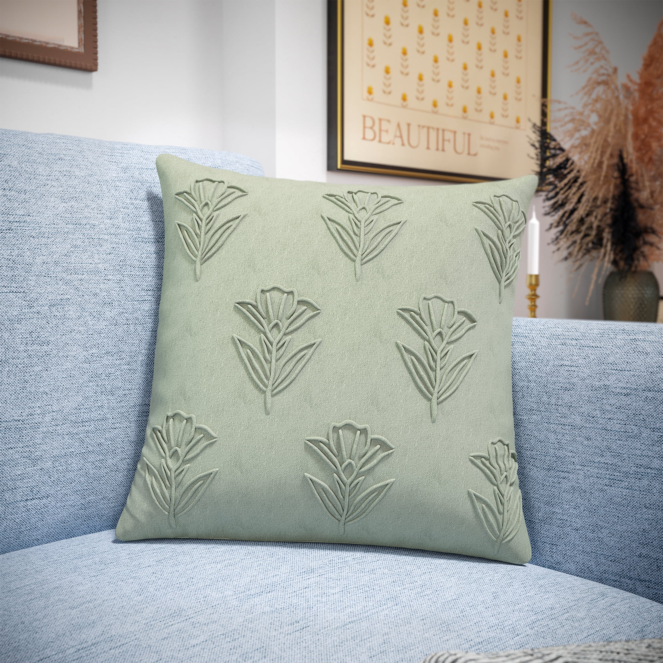 Beautiful Floral Pleated Cotton Decorative Pillow by Drew Barrymore, 20" x 20", Sage