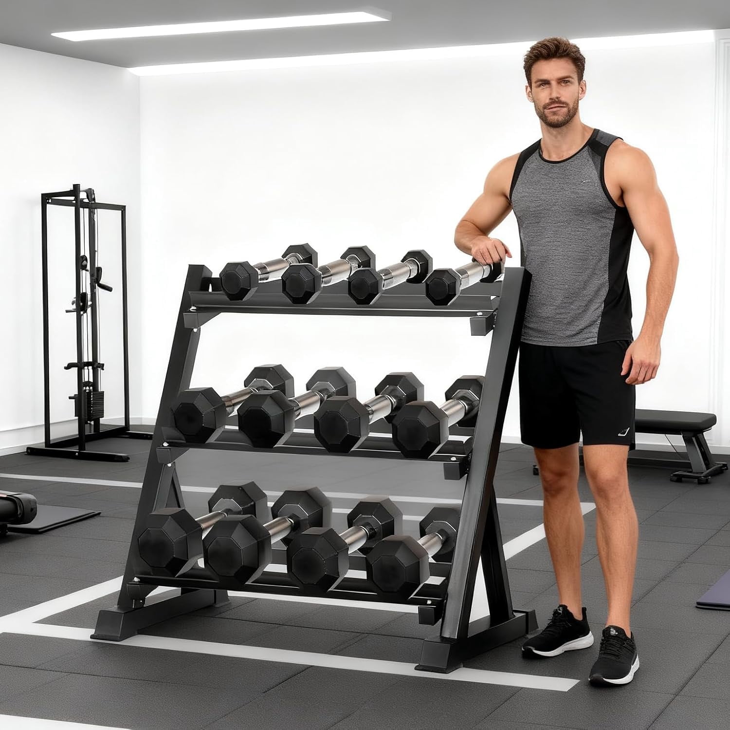 350 LBS Rubber Hex Dumbbell Set with Storage Rack, Anti-Roll Nonslip Free Weight Set for Home Gym Equipment, Strength Training & Fitness Exercise, Durable Dumbbells for Men Women