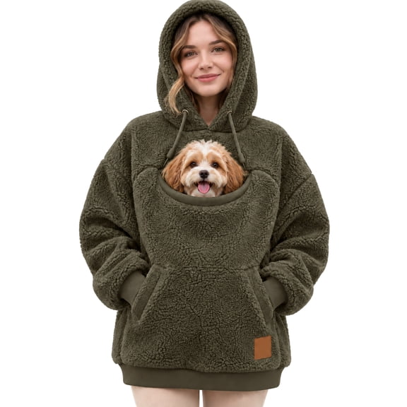 Pet Carrier Hoodie Long Sleeve Pullover Sweatshirt Oversized Cozy Sherpa Fleece Hoodie With Cat Dog Holding Pouch Kangaroo Pocket Drawstring Hooded Top for Pet Lovers Fall Winter Loungewear M