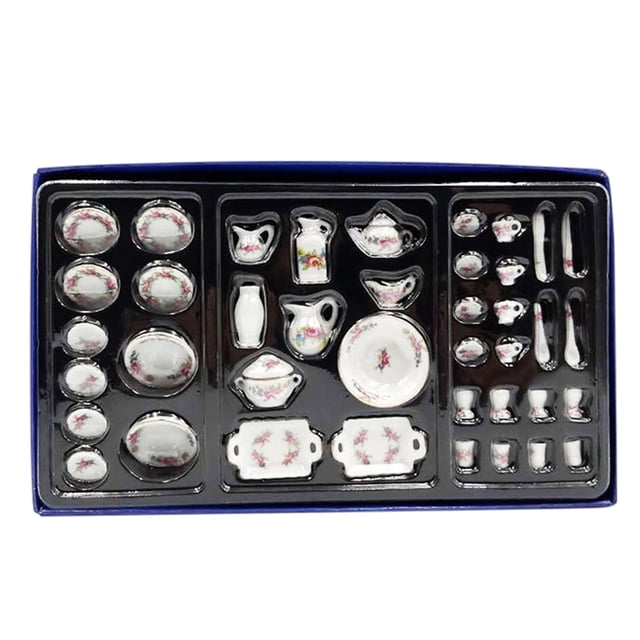 CIMAXIC Miniature Tableware 1/12 Mini House Miniature Model Ceramic Tableware set featuring assorted ceramic pieces with delicate floral prints. Includes plates, cups, pitchers, and serving dishes, all designed for dollhouse or mini house kitchen settings. The set measures approximately 9.65 inches by 5.71 inches by 0.2 inches and is crafted with smooth, durable ceramic material. Ideal for DIY decoration, fairy tale gardens, or as children's toy models.