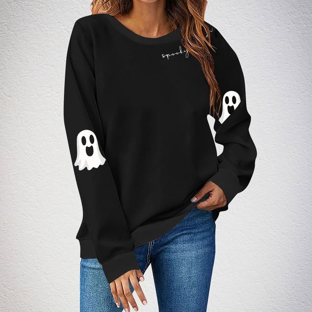 Ailaofu Women's Ghost Skull Crop Sweatshirt Fall Halloween Long Sleeve Pullover Spooky Season Sweatshirt