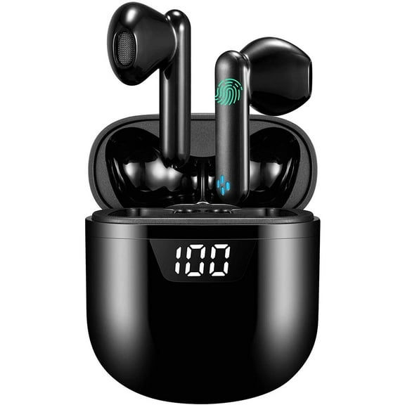 True Wireless Earbuds Bluetooth Headphones HiFi Stereo Sound Noise Cancelling Touch Control 24H Playtime with LED Display Charging Case IPX7 Waterproof Headsets for Running and Gym,Black