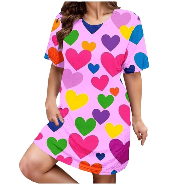 Kelon Nuisettes et Chemises de Nuit pour Femmes Grande Taille Robe de Nuit Décontractée pour Femmes Grande Taille Imprimé Cœur Manches Courtes Col Rond Extensibilité Moyenne Nuisette Ample Robe de Nuit de la Saint-Valentin