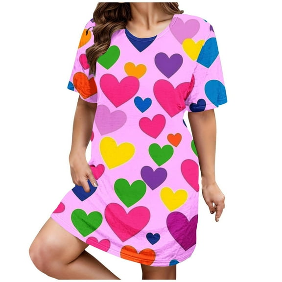 Womens Nightgowns Plus Size Casual Sleep Dress Women's Plus Heart Print Short Sleeve Round Neck Medium Stretch Loose Nightdress Valentine's Day Nightdress