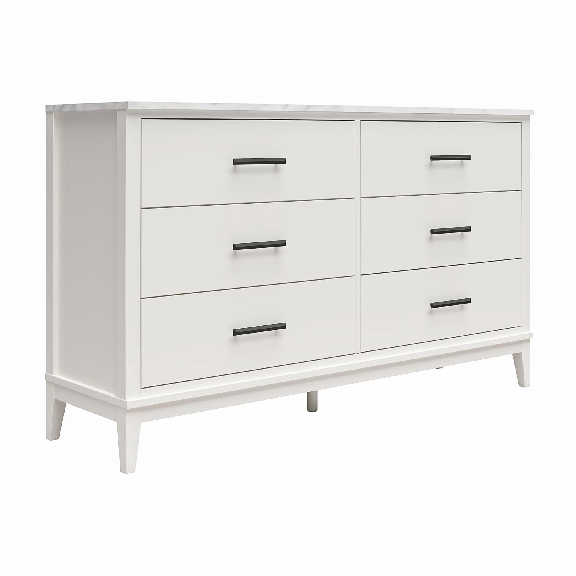Ameriwood Home Amberleigh Wide 6 Drawer Dresser, White w/ White Faux Marble Top