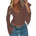 thumbnail image 1 of Camiseta informal lisa de encaje para mujer: manga larga irregular en forma de pétalo, cuello en V, top corto plisado para uso diario., 1 of 4