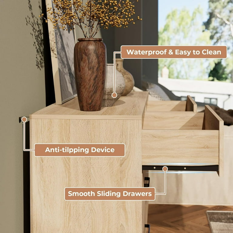 Meteorleg Wood Oak 6 Drawer Dresser with Wide Drawers and Metal Handles for  Bedroom Living Room - Walmart.com