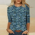 thumbnail image 2 of CYMMPU Flower Printed 3/4 Sleeve Loose Fit Spring Tops Summer Fashion Shirts T-Shirts Round Neck Blouses for Women Dressy Casual Lightweight Basic T-Shirts Blue XXXL, 2 of 5