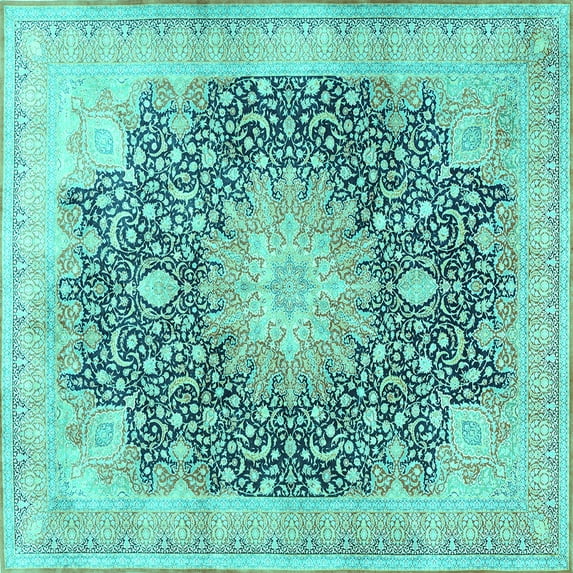 Ahgly Company Machine Washable Indoor Square Medallion Turquoise Blue Traditional Area Rugs, 4' Square