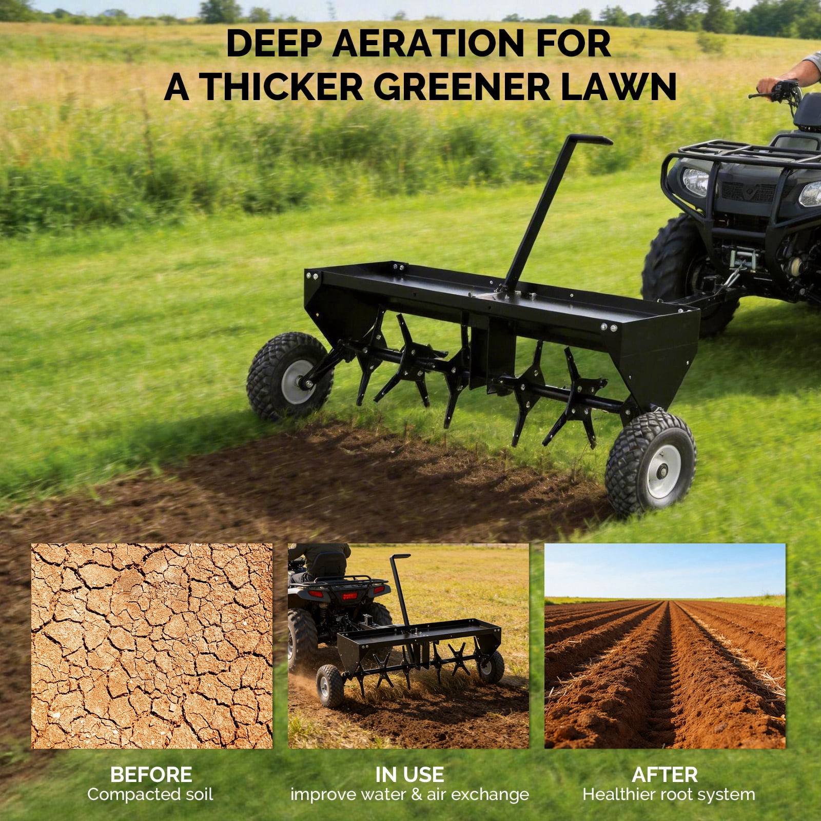 Zimtown 40" Tow Plug Lawn Aerator with Universal Hitch, Lawn Aerator Tow Behind with Tray and Inflatable Wheels for Garden Farm Lawn, Black