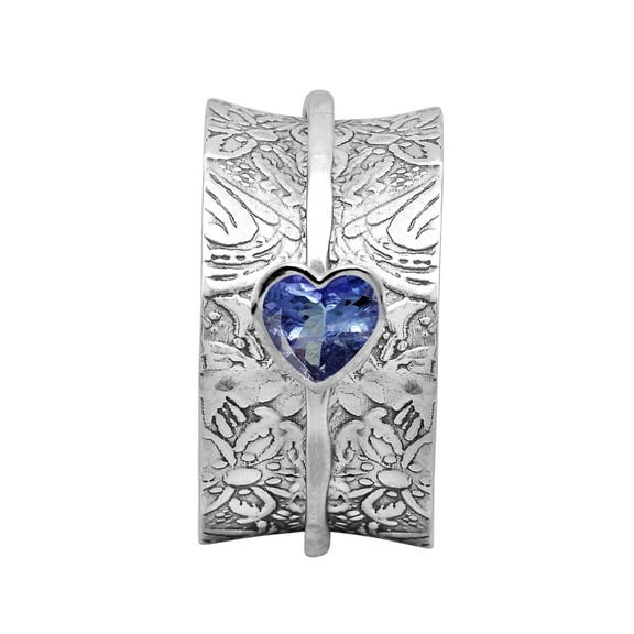 5MM Heart Tanzanit 925 Silver Single Band Meditation Men Women Spinner Ring