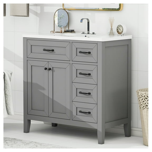 36" Bathroom Vanity with Sink Combo, Gray Bathroom Cabinet with Drawers, Solid Frame and MDF Board (Old Sku:JL000007AAE)
