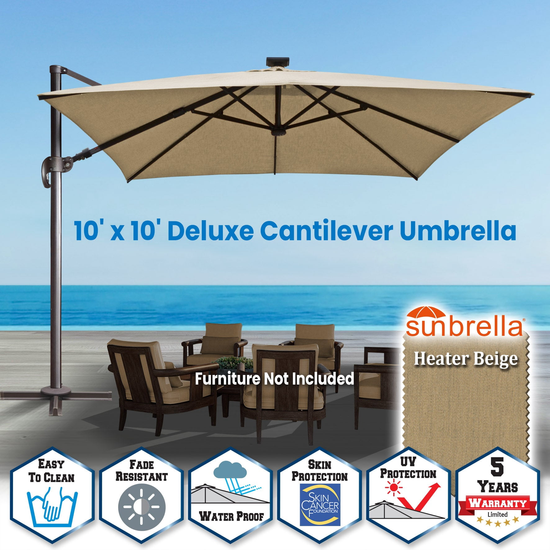 SUNRISEUMBRELLA Square 10'x10' Deluxe Roma square cantilever umbrella, With LED light(Heather Beige)