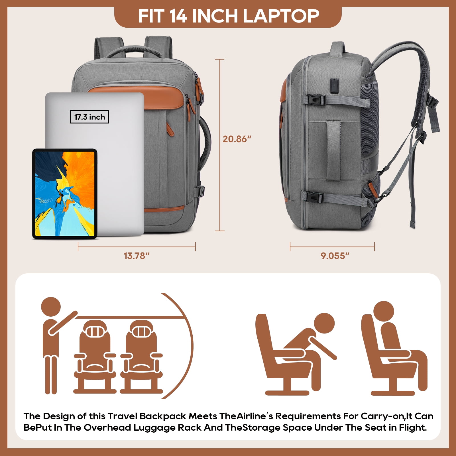 Joyway 2-Piece Travel Backpack Set Airline-Approved Waterproof Carry-On Luggage with USB Charging Port Comfortable Straps & Matching Toiletry Bag