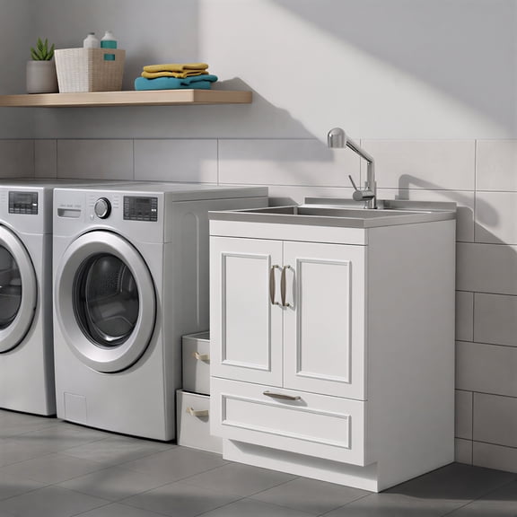 Simpli Home Cardinal 28 inch Wide Utility Sink and Laundry Cabinet, Glacier White Finish