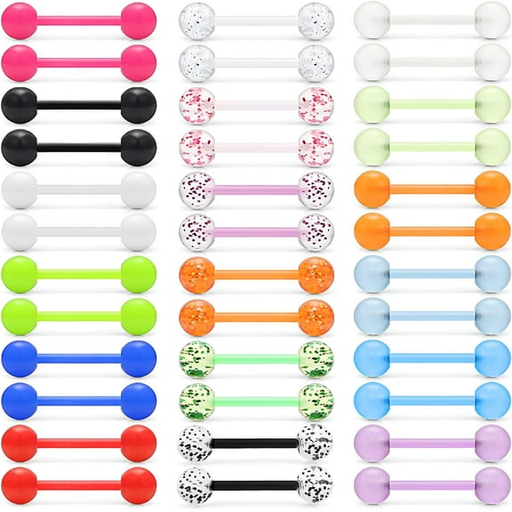 VANIDO 36Pcs 14G Glow in Dark Flexible Acrylic Straight Tongue Barbell Nipple Ring Retainer Piercing Jewelry for Women Men 16mm Bar