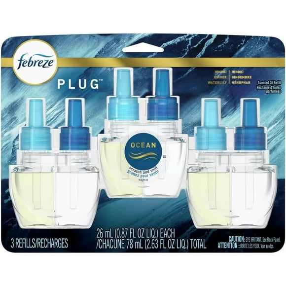 Febreze Odor-Fighting Air Freshener, Room Fresheners, Air Effects, Air Freshener Refills, Fade Defy Plug Air Freshener Technology - (1 Pack) contains (3) of 0.87 fl oz Refills (Ocean)