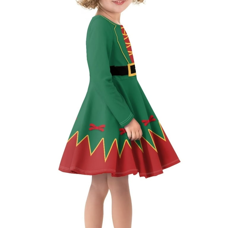 Renewold Skin Friendly Long Sleeve Skater Dress Christmas Elf Bow Scoop Neck  A Line Swing Twirl Clothes Fall Winter Party Midi Dress for Kid Girls Size  3XL - Walmart.com