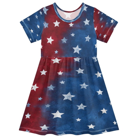 Girls Short Sleeve A-Line Dress Play Dress Red White and Blue Stars Pattern Sizes 2T