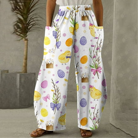 

OKBOP Pajama Pants Easter Women Casual Printing Pockets Elastic Mid-Waist Comfortable Wide-Legged Loose Pants Summer Clearance 4