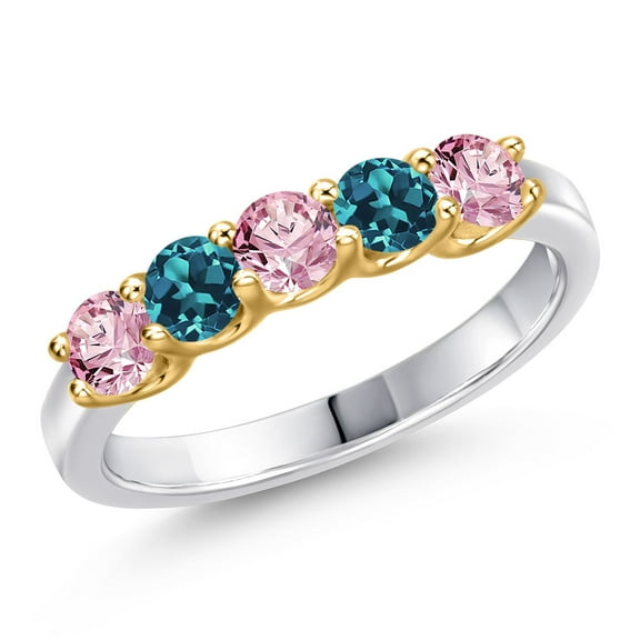 Gem Stone King 925 Silver and 10K Yellow Gold Pink Lab Grown Diamond and London Blue Topaz Wedding-Bands Ring for Women | 0.98 Cttw | Round 3.5MM | Gemstone April Birthstone | Size 5