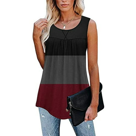 

SBYOJLPB Women s waist Women s Pleated Skirt Tunic Sleeveless Patchwork Vest Round Collar Blouse Gray 14(XL)
