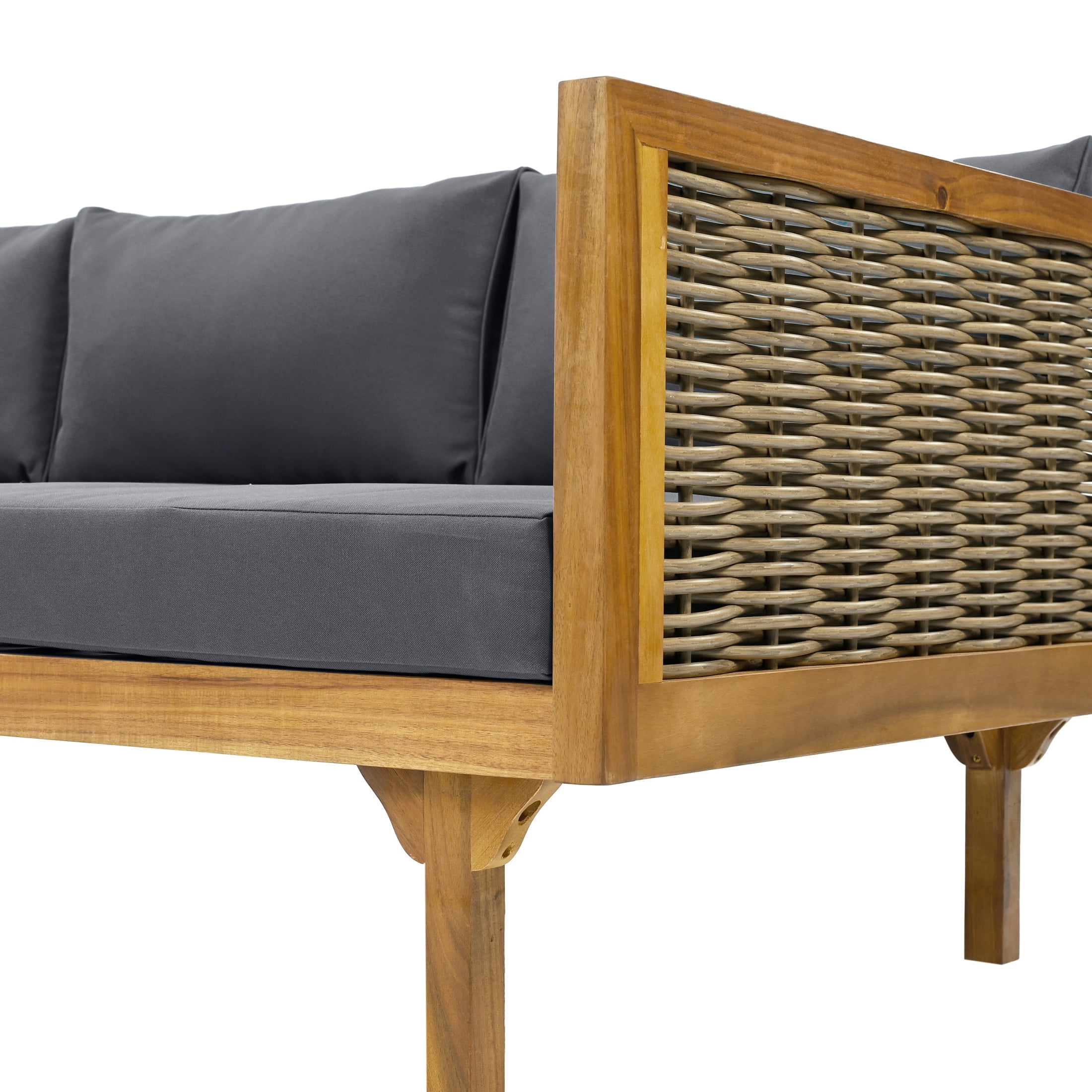 Christopher Knight Home 2 Piece Wood Outdoor Daybed with Rattan Accent and Round Coffee Table, Dark Grey Cushion