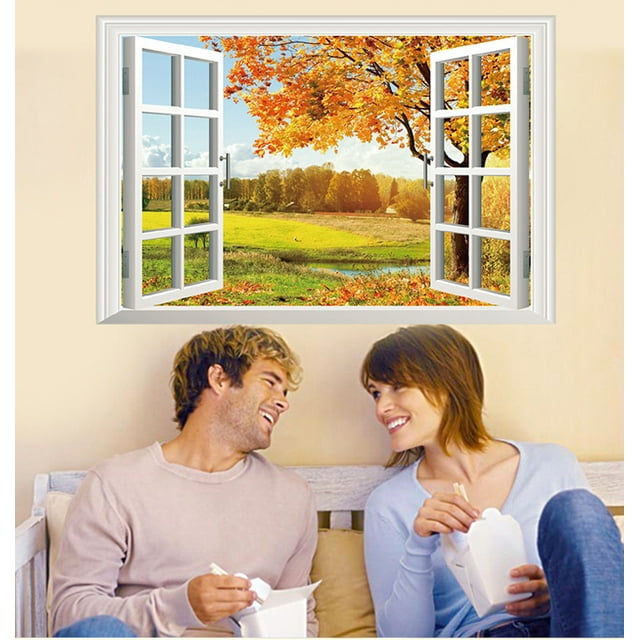 Adhesivo de pared romántico para ventana panorámica con vista al paisaje otoñal