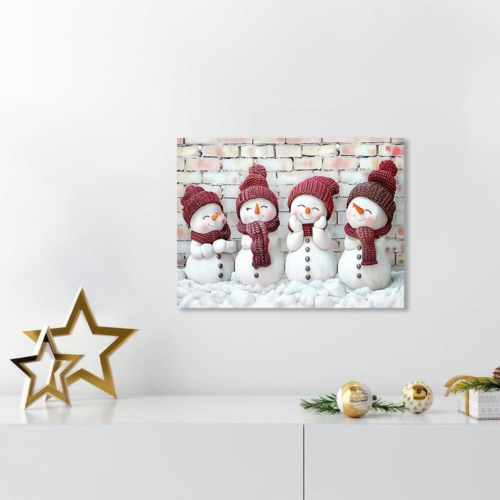 Christmas Snowman Canvas Wall Art - 4 Cute Cartoon Snowmen Christmas Pictures Wall Decor - Red and White Xmas Holiday Room Decorations - Framed Christmas Poster Print 16x12 Inch
