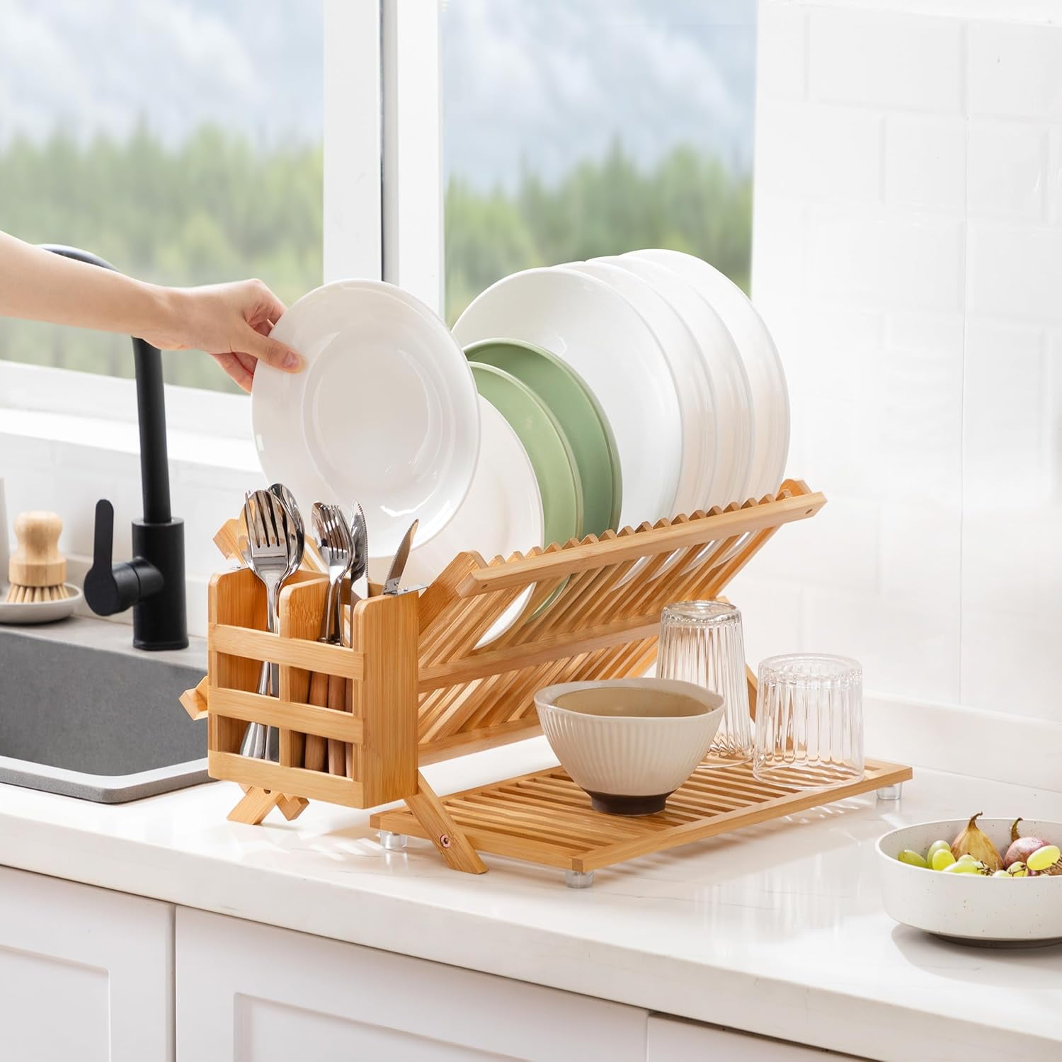 Bamboo Dish Drying Rack with Utensil Holder, 3 Tier Collapsible Dish Rack for Kitchen Counter, Large Folding Drying Holder, Dish Drainer, Kitchen Organizers and Storage
