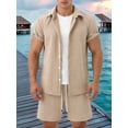 thumbnail image 6 of Men'S Waffle Knit 2-Piece Outfit with Button Down Shirt and Shorts for Summer Khaki L, 6 of 7