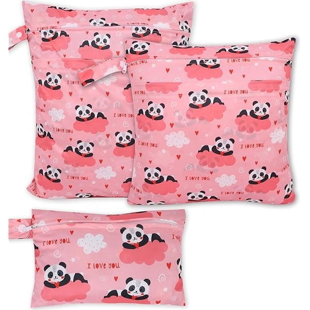HAYAN3pcs Baby Cloth Diaper Wet Dry Bags, Waterproof Reusable Wet Bag with 2 Zipper Pockets & Handle, Washable Laundry Bags for Travel Beach Pool Daycare Yoga Gym Exercise Swimsuits, SML, Panda