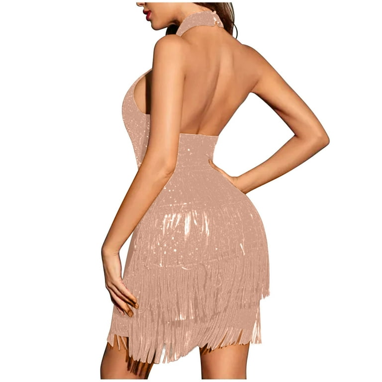 Women Tassel Formal Dress Halter Neck Sequin Mini Elegant Evening Prom  Party Club Dance Gown Gold,M - Walmart.com