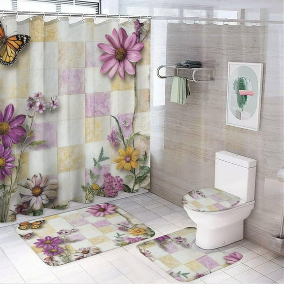 Bathroom Mat Set, Gray Leaf Damask Pattern Printed on Bathroom Shower Curtain Sets with Rugs, Perfect for Hotel Dorm Spa Home, 72 x 72 inches