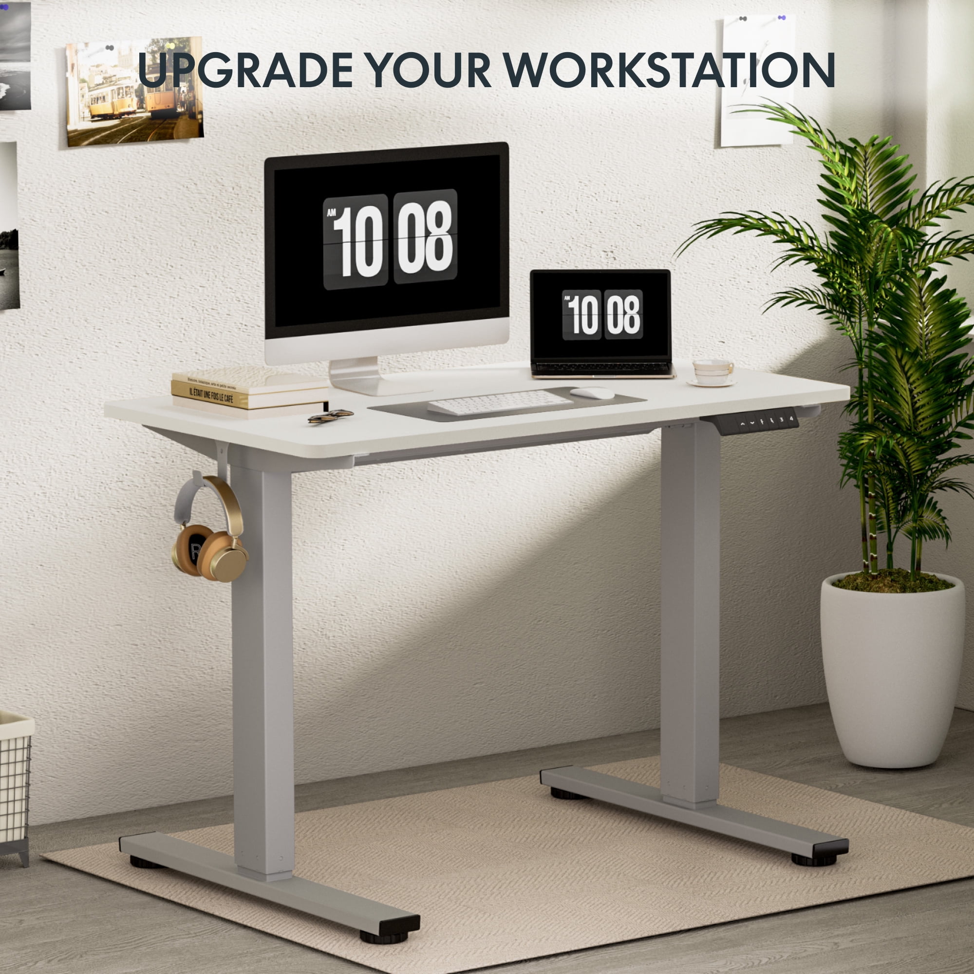 FLEXISPOT 48"x30" Home Office Height Adjustable Standing Desk with Hooks, Ergonomic Electric 2-Stage Stand Up Computer Desk, Gray and White