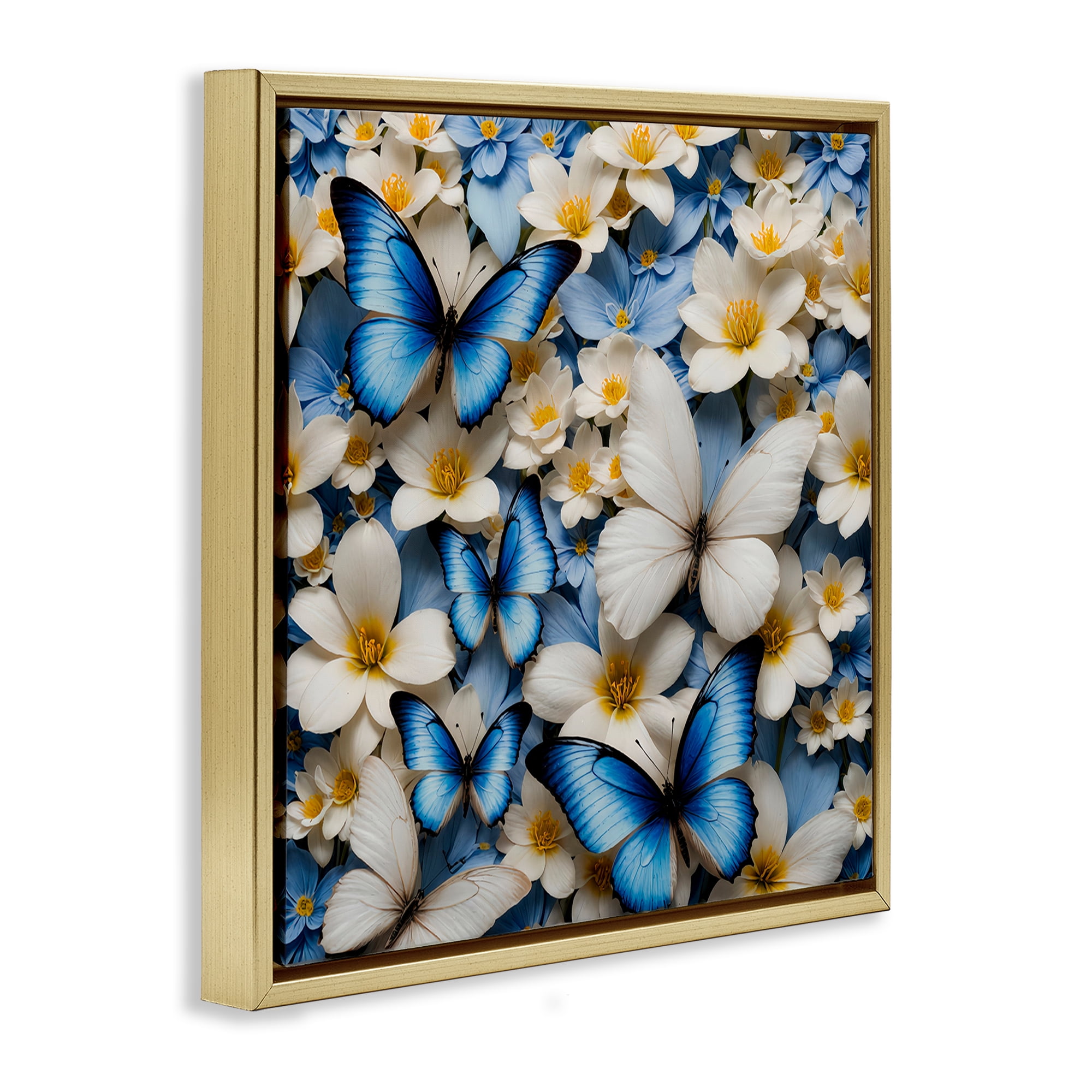 Stupell Industries Blue & White Floral Butterflies Plants & Flowers Painting Gold Floater Framed Canvas Art Print Wall Art, 18 x 18