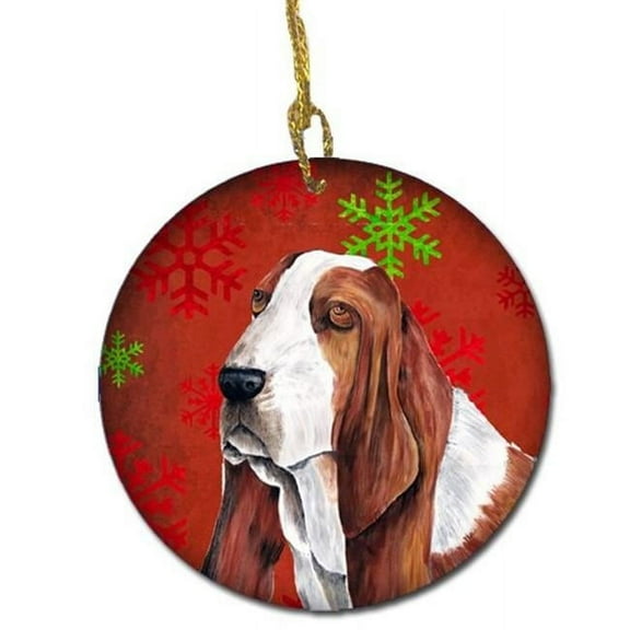 Basset Hound Red Snowflakes Holiday Christmas Ceramic Ornament