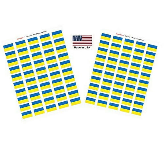 Made in USA! 100 Country Flag 1.5" x 1" Self Adhesive World Flag Scrapbook Stickers, Two Sheets of 50, 100 International Sticker Decal Flags Total (Ukraine)