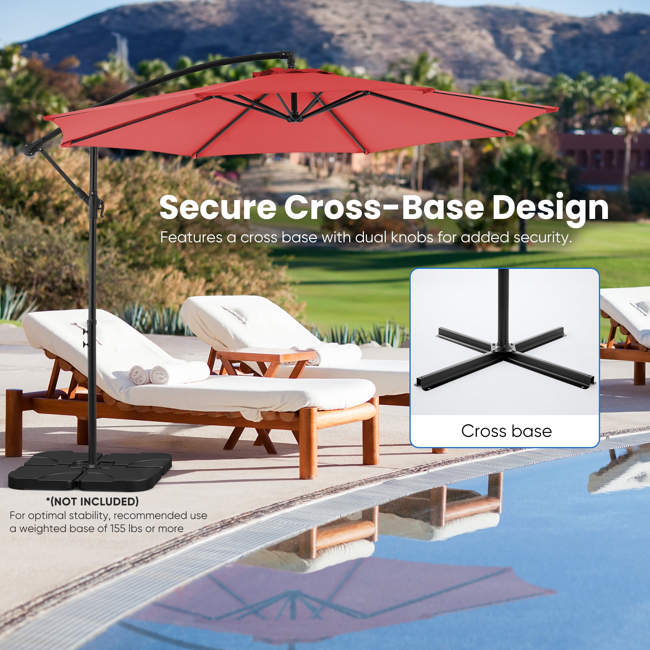 edx 10FT Offset Hanging Patio Umbrella Outdoor with Push Button Tilt & Self-Locking, Polyester Shade, 8 Sturdy Ribs, Red