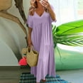 thumbnail image 2 of Summer Dress, Casual Linen V Neck Short Sleeves Loose Long Maxi Swing Dress Plus Size Beach Wedding Guest Vacation Midi Sundress Green Maxi Dresses For Seniors Dresses (XL, Purple) ZMTing, 2 of 5