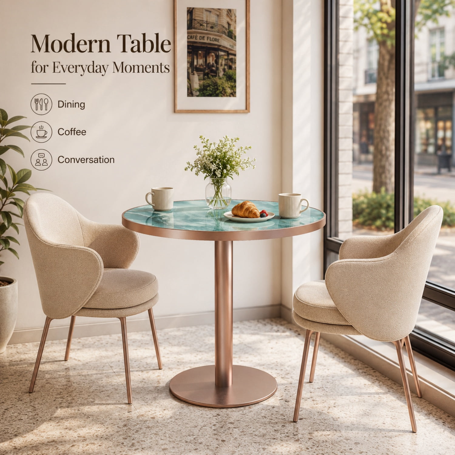 Miniyam 31.5 Inch Round Dining Table for 2 to 4, Sintered Stone Top, Tulip-Style Pedestal Kitchen Table, Green