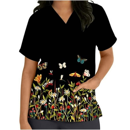 

Summer Savings! Fheaven Women Scrub Top Summer Short Sleeve V-neck Tops Uniform Printed Pockets Nursing Blouse Black XXL On Clearance!