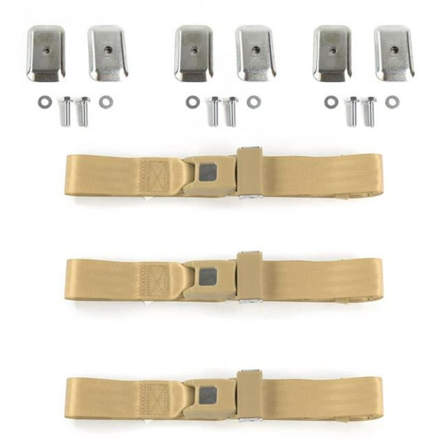 VW Type 3 Squareback Standard 2 Point Tan Lap Bench Seat Belt Kit with Bracketry - 3 Belts