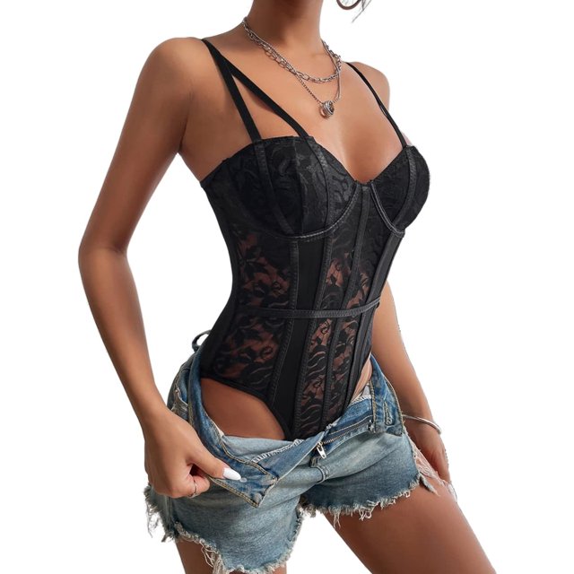 Body sexy para mujer, moldeador de abdomen con encaje floral, moldeador de cuerpo con aros y tanga, L, negro