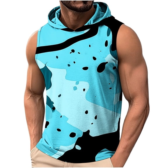 YLSDY Men's All-Over Print Sleeveless Hoodie Top, Casual Drawstring Pullover Tank for Street Style Blue XL