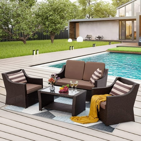 YITAHOME Outdoor Patio Furniture Set 4 Piece Conversation Set Wicker Sectional Sofa Loveseat Chair Brown Wicker