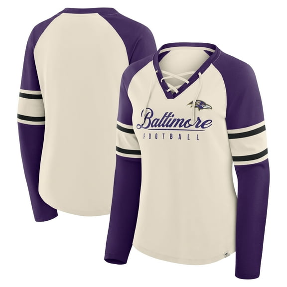 Women's Fanatics Cream/Purple Baltimore Ravens Hometown Gridiron Hero Raglan Lace-Up V-Neck Long Sleeve T-Shirt